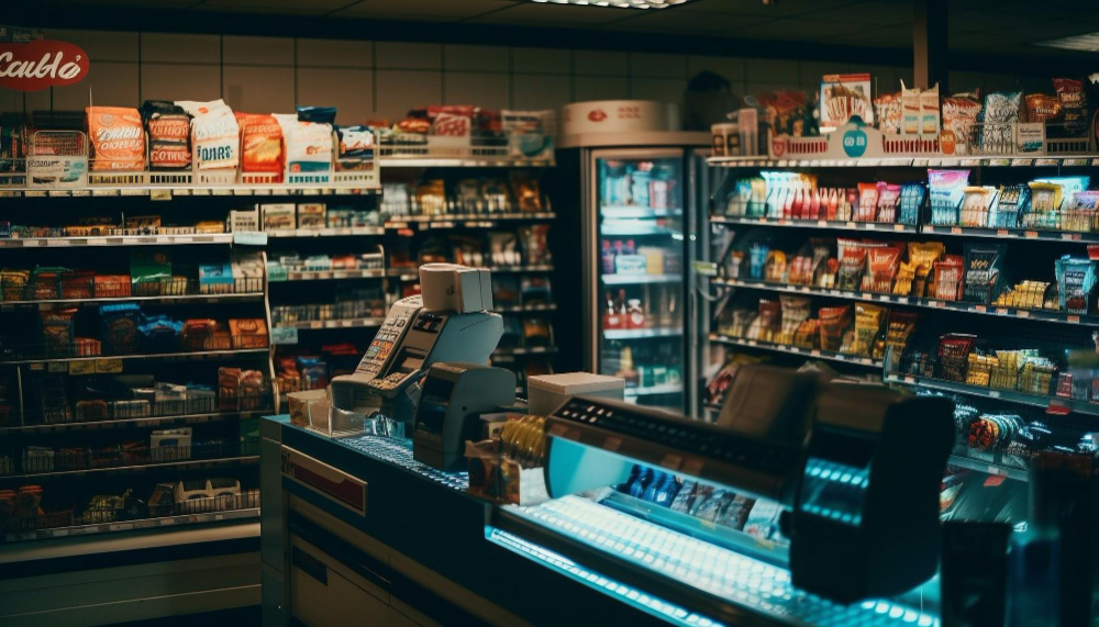 The checkout area and aisles of an independent convenience store in Texas.