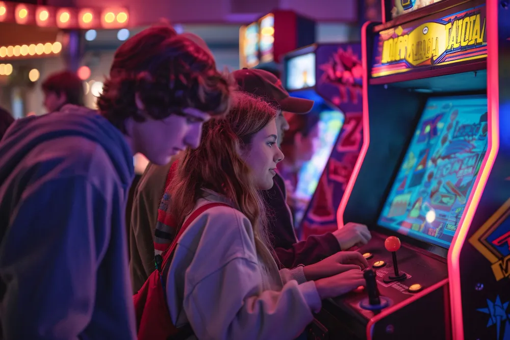 A young woman and her friends concentrate on playing a brightly lit skill game machine in a Texas establishment.
