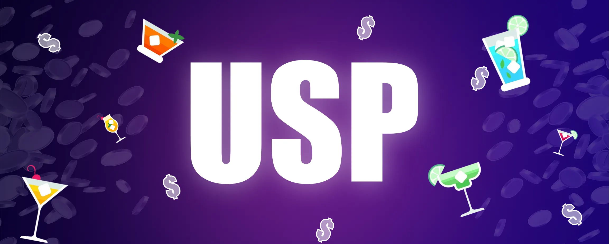 A graphic illustrating how a Unique Selling Proposition (USP) can increase revenue for a bar, shown with cocktail and dollar sign icons.
