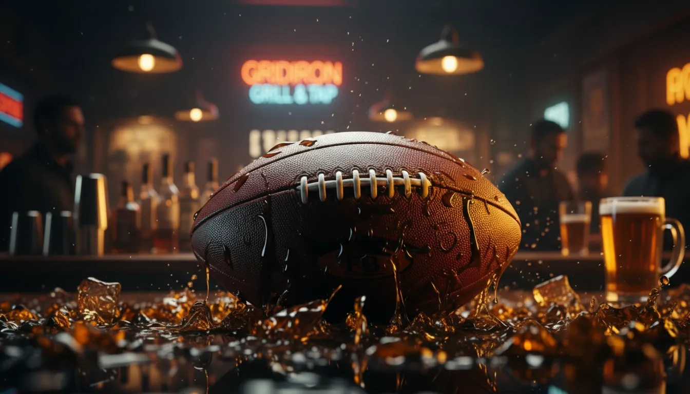 A close-up of a football covered in condensation on a dark bar counter, with ambient lighting and drinks in the background.