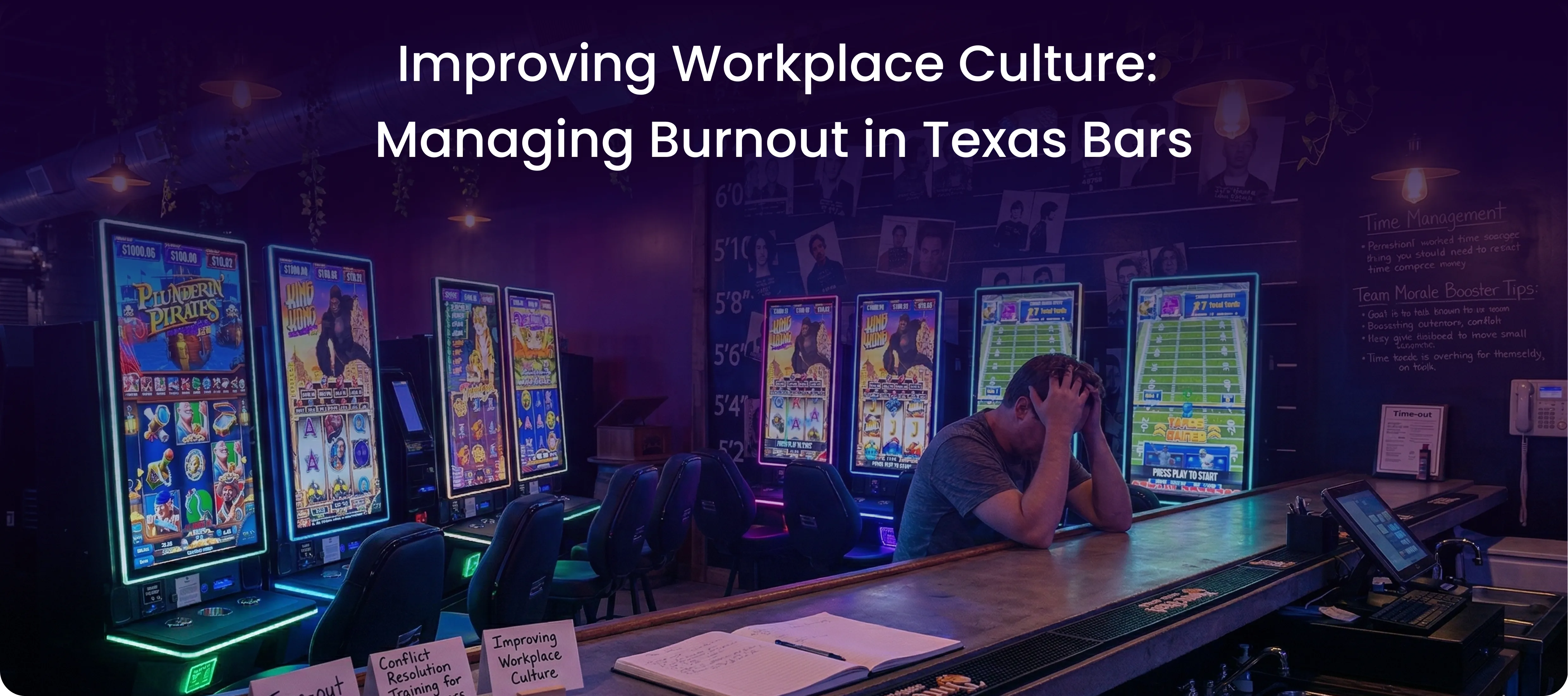 Stressed Texas bar owner at a counter near skill machine cabinets.